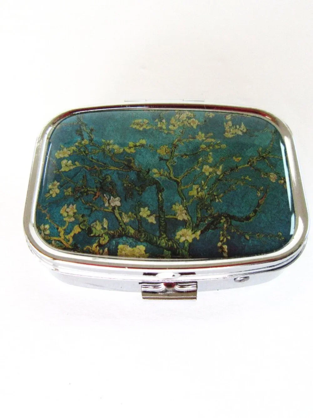 Pill box with mirror - 2 sections - floral print - Mid Century Revival